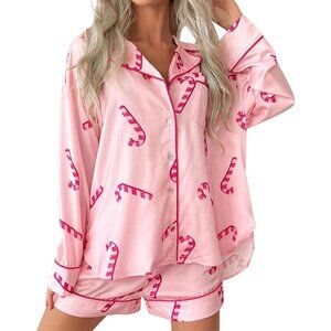 Women Christmas Pajamas Set Cute Printed Pjs Long Sleeve Shirt Shorts Holiday Lo